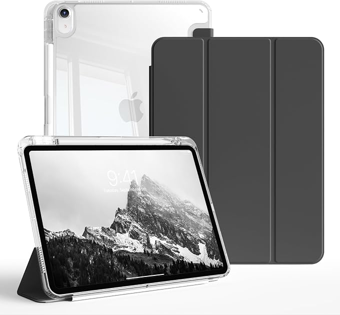 Case for iPad Air 11 Inch M4/M3/M2 Air 5th/4th Gen 10.9 Black | Pencil Holder Slim Trifold Stand Cover Clear Hard Back Shell Auto Sleep/Wake