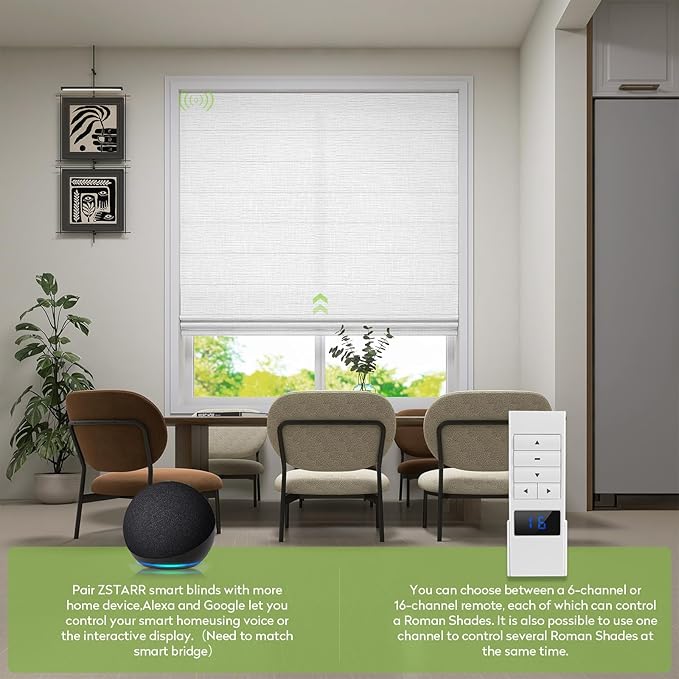 ZSTARR Smart Roman Shades Rechargeable Motorized Blinds with Remote Light Filtering Roman Window Shades Plain Fold Soft for Doors Bedroom, Custom Size (Light White)
