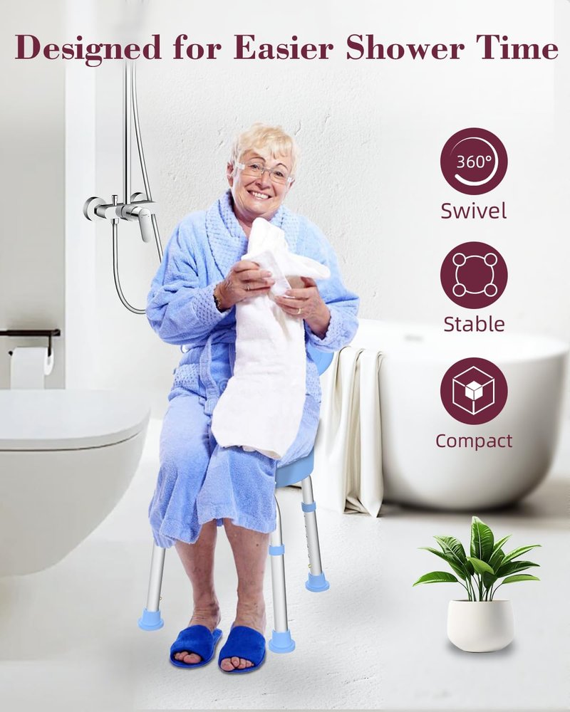 Fvzzin Swivel Shower Chair with Back, 360° Height Adjustable Shower Stool, Compact Space-Saving Design for Small Showers, Non-Slip Bathroom Chair for Seniors & Elderly (Blue)