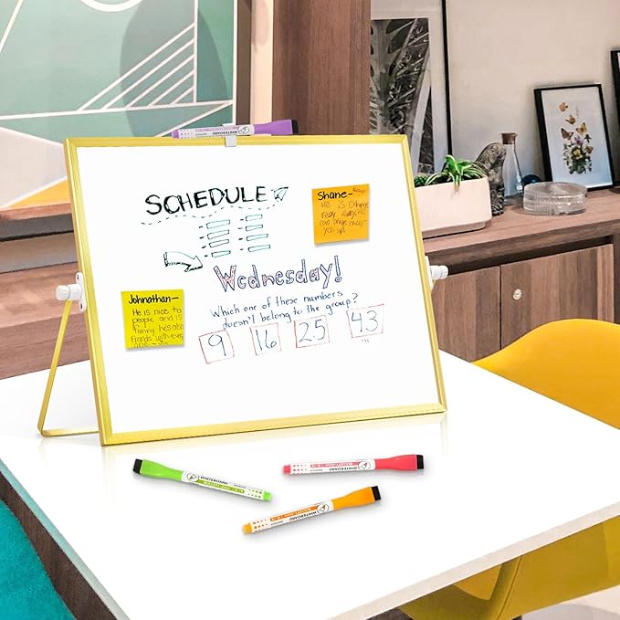 Magnetic Dry Erase White Board, 16" x 12" Double-Sided Golden Aluminum Frame Desktop Whiteboard with Stand, Portable Small Whiteboard Set for Drawing, Office, Home
