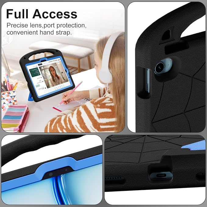 Kids Case for iPad Air 11-Inch (M4/M3/M2 2026/2025/2024) | iPad Air 5th Gen (2022) / 4th Gen (2020) 10.9 Shockproof Cover with Built-in Screen Protector and Stand (Black+Blue)