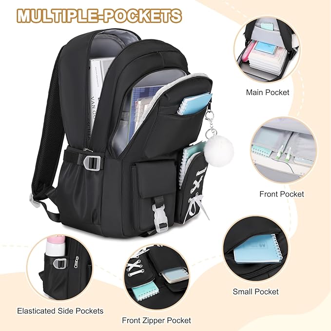 Backpacks for Girls, Girls Backpack with Lunch Box & Pencil Pouch for Teens Girl Kids Elementary Middle High School College Student Bookbag Daypack Laptop Travel Backpack for Women (Black)