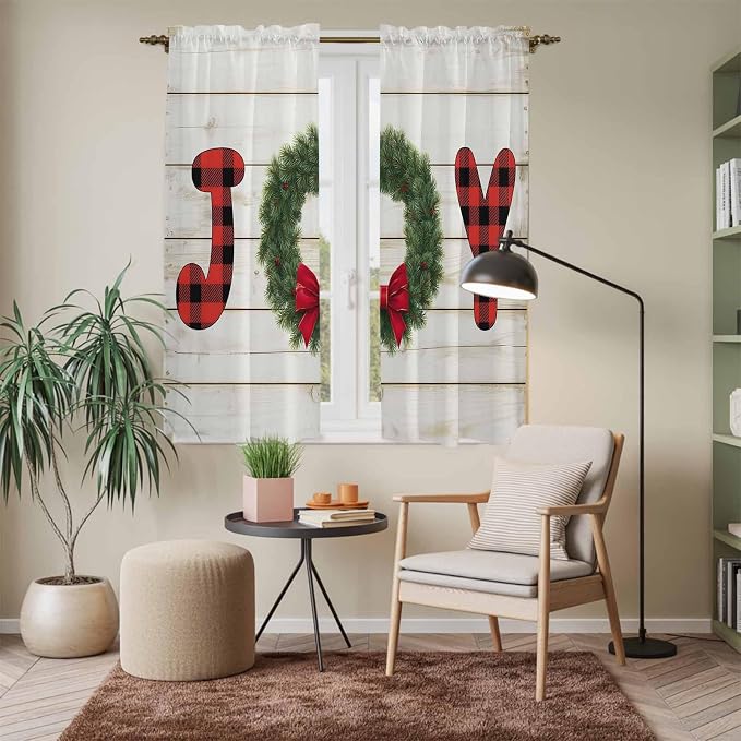 Christmas Wreaths Window Curtains 63 Inch Long 2 Panel Set, Rod Pocket Bedroom