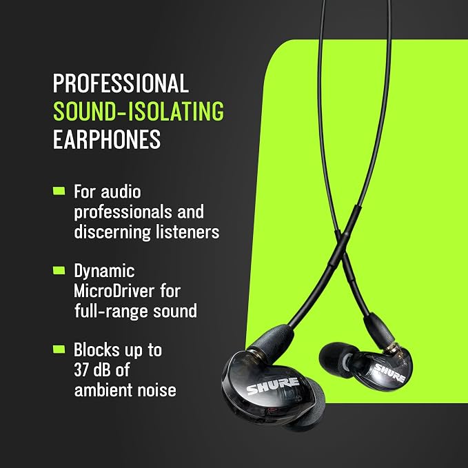 Shure SE215 PRO Sound Isolating Wired Earbuds - Black | Professional in-ear monitors with deep bass single dynamic driver secure fit detachable cable and carrying case