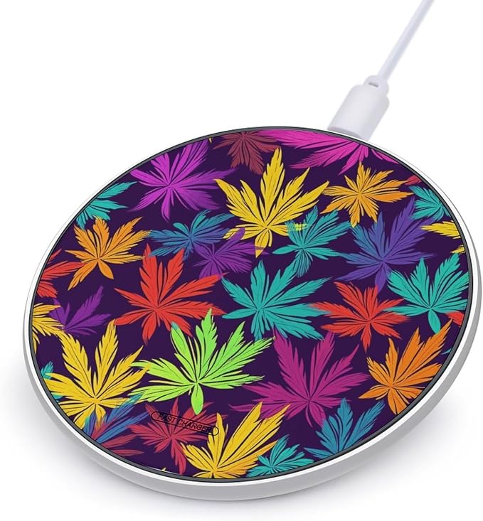 Bright Colorful Weed Pattern Wireless Charger Fast Charging Pad | Anti-Slip Qi Certified Wireless Charging Pad for All Phones with Wireless Charging Function for Home Office Travel