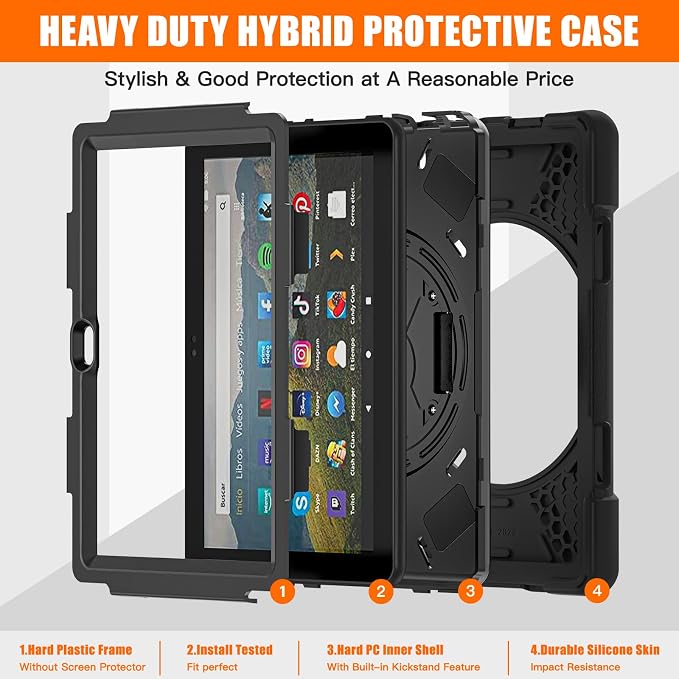 Rugged Case for Amazon-Kindle-Fire-HD-8 &amp 8 Plus Tablet (12th Generation 2022) 8“ w/ 360° Rotating Hands-Free Kickstand Full Body Armor Heavy Duty Shock-Proof Cover w/Hand/Shoulder Strap(Black)