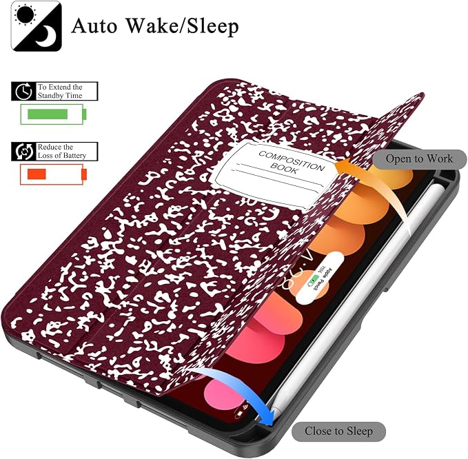 Soke Case for iPad mini (A17 Pro) 7th/ 6th Generation (Book Wine) | Built-in Apple Pencil Slot fit iPad Mini 2024 and 2021 8.3 inch Auto Sleep/Wake