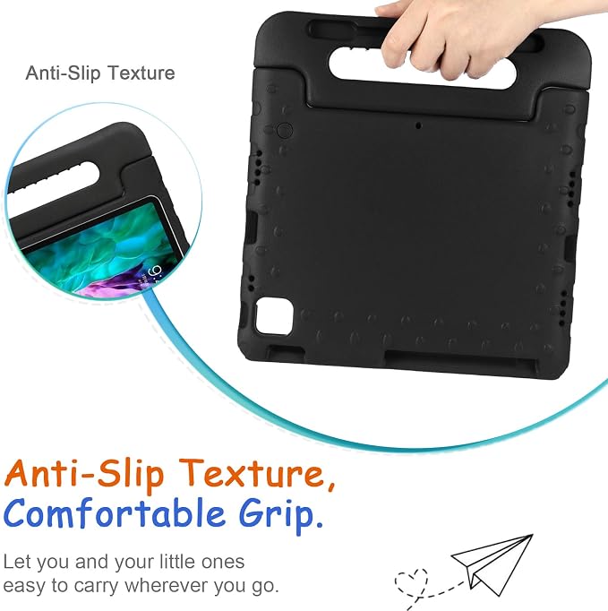 Kids Case for iPad Pro 11 M5/M4 &amp iPad Air 11 (2026/2025/2024) Shockproof Case with Pencil Holder Techcircle Light EVA Foam Handle Stand Bumper Protective Child Friendly Drop Proof Cover Black