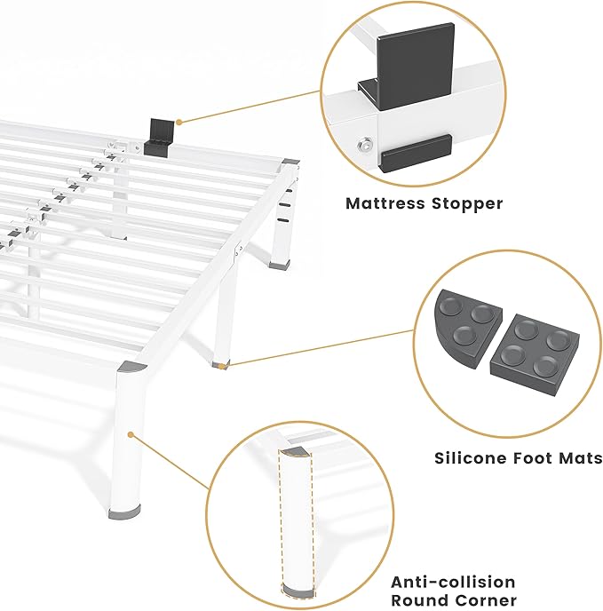 18 Inch Twin Size Metal Bed Frame with Round Corners, Storage Space Under High Bed Frame-Heavy Duty Steel Slats Support, Noise Free - Easy Assembly - No Box Spring Needed,White