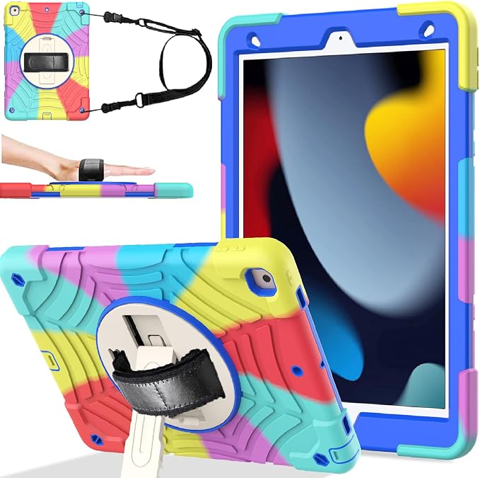 BMOUO for iPad 9th/8th/7th Generation Case 10.2 Black | Shockproof Rotating Stand Shoulder Hand Strap iPad 9th/8th/7th Generation Case with Pen Holder for iPad 10.2“ 2021/2020/2019