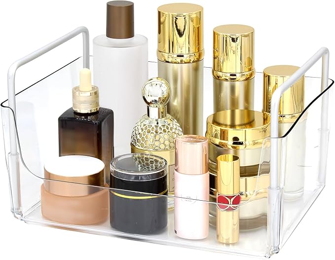 Clear Makeup Organizer Tray with Handles Bathroom & Vanity Storage for Cosmetics, Skincare - Countertop Organizer Kitchen Cabinet Storage Tray
