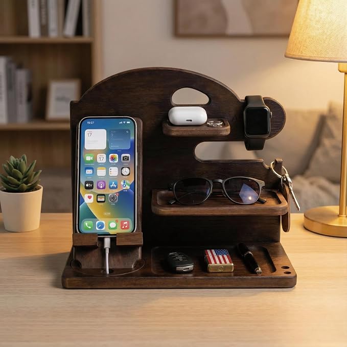 Wooden Phone Docking Station for Men Solid Wood Nightstand &amp Desk Organizer Ideal Gift for Dad and Husband