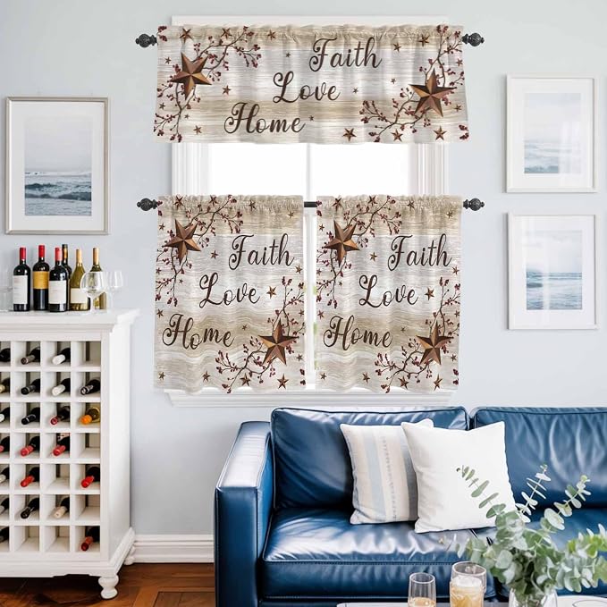 Kitchen Curtains Tiers and Valance Set of 3, Texas Star Brown Light Filtering