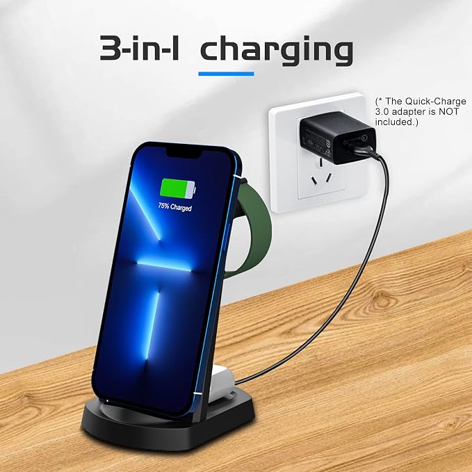Aoresac 15W Fast Charging Dock 3 in 1 Wireless Charging Station Smartphone Watch Earbuds Stand Holder with Anti Slip Design Indicator Light for Home Office Hotel Bar