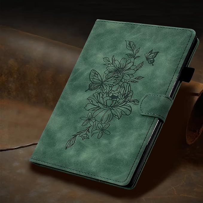 Case for Samsung Galaxy Tab A9 8.7 Inch 2023 (SM-X110/X115/X117) Suede Embossed Flower Flip Stand Protective Shell with Pen Holder &amp Card Slot No Smart Auto Wake/Sleep Function Brown