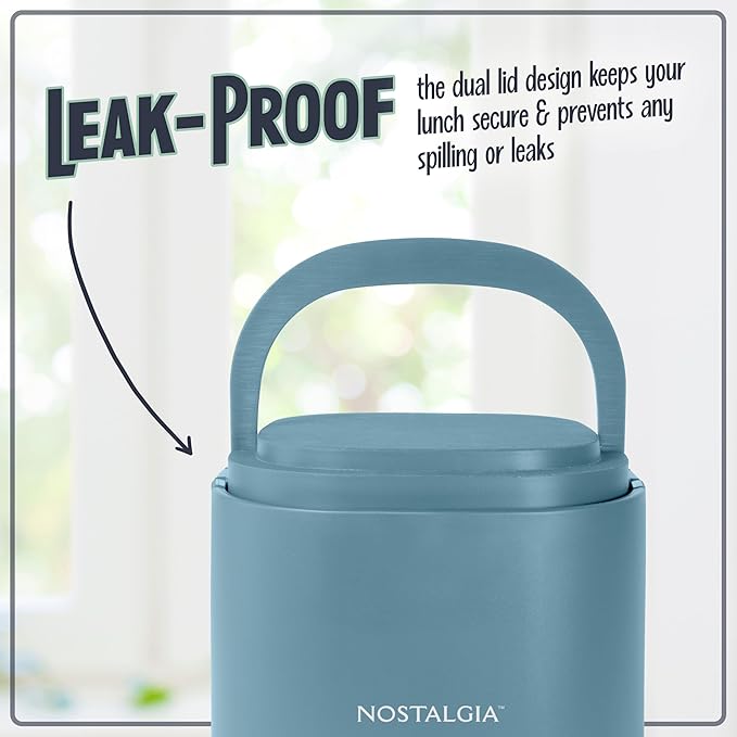Nostalgia Portable Heated Lunch Box – 2.5-Cup Stainless Steel Food Warmer – Detachable Cord, Leak-Proof Lid, Carry Handle – Portable for Work & Travel – Ocean Blue