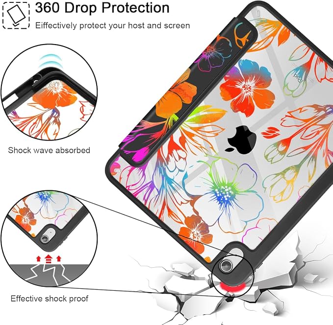 Tuiklol Case for iPad Air 11 Inch M4 2026 / Air 11 Inch M3 2025 / Air 11 Inch M2 2024 / iPad Air 10.9 Inch 2022 2020 Buit in Pencil Holder with Shockproof Cover Clear Transparent Back Black Flower