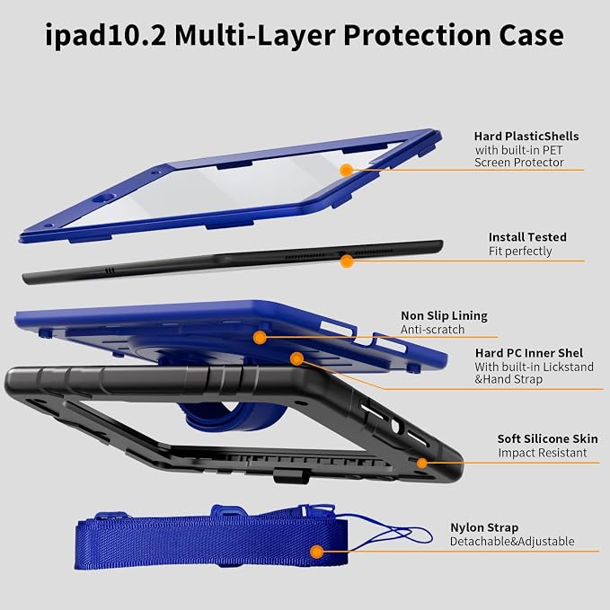 Case for iPad 9th/8th/7th Generation-Built-in Screen Protectorwith Pencil Holder&amp360°Rotating Hand StrapShoulder StrapCase for iPad 10.2 inch 2021-2019(Black)