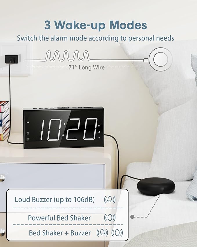Loud Alarm Clock with Bed Shaker for Heavy Sleeper, Dual Vibrating Alarm Clock with USB Charger for Hard of Hearing/Deaf, 7.5’’ Large LED Display with Dimmer, Snooze, 12/24H & Battery Backup