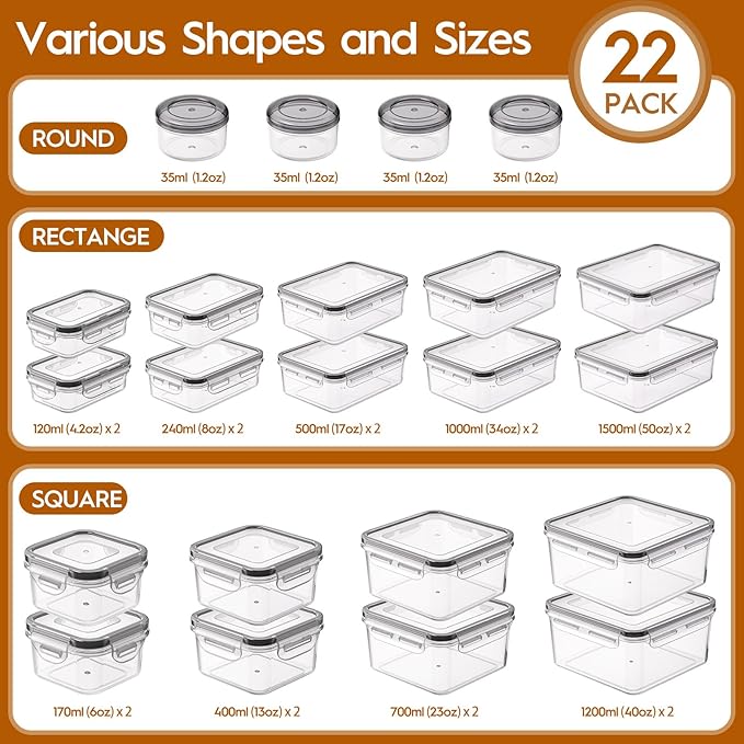 44 PCS Food Storage Containers with Lids Airtight (22 Containers & 22 Lids), Leak proof Meal Prep Container Set for Kitchen Storage, BPA-free, PVC-free Plastic, Microwave/Dishwasher Safe, Labels & Pen