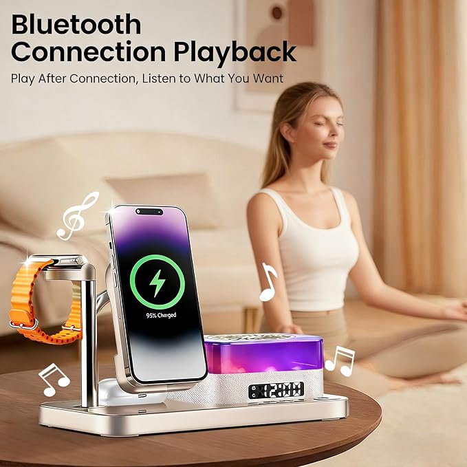 8-in-1 Desktop Charging Station with Bluetooth Speaker RGB Ambient Light Digital Clock Phone Stand Wireless Charger for Phone Watch and Earbuds Black/White (Black)