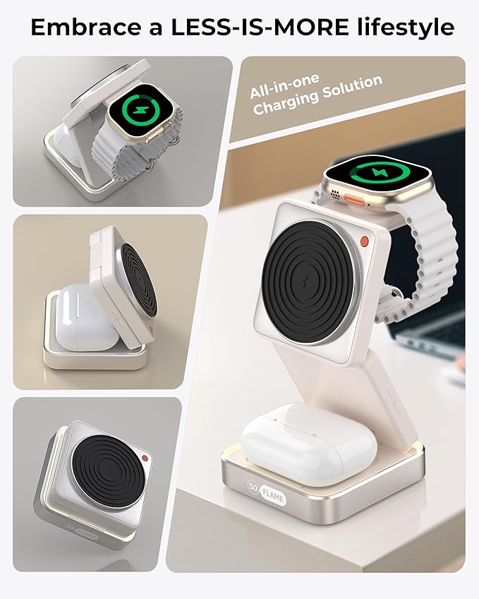 SoFlame 3 in 1 Magnetic Wireless Charging Station for Mag-safe Charger, Foldable Travel Charger with Night Light, 15W Fast Charging Stand with 25W Adapter, for iPhone17-12, Apple Watch, AirPods -Beige