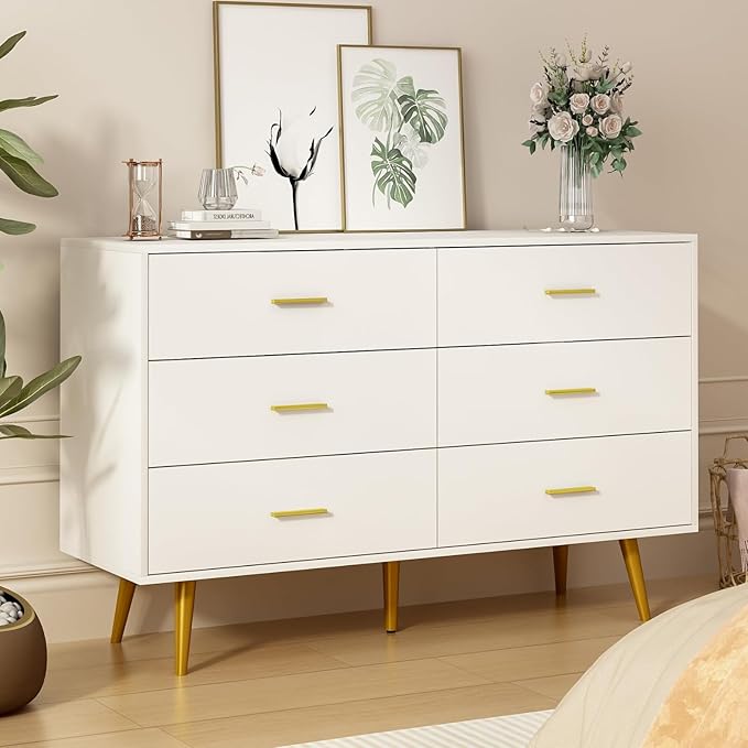 White Dresser for Bedroom with Gold Handles, 6 Drawer Wood Dresser Modern Chest of Organizer Storage Drawers for Hallway, Living Room, TV Stand