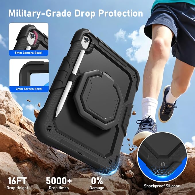 Case for iPad (A16) 11th/10th Generation 11/10.9 2025/2022 Black | Full-body Heavy Duty iPad A16 Case for Adults Kids with Screen Protector 360° Rotating Stand Shoulder Strap Pencil Holder