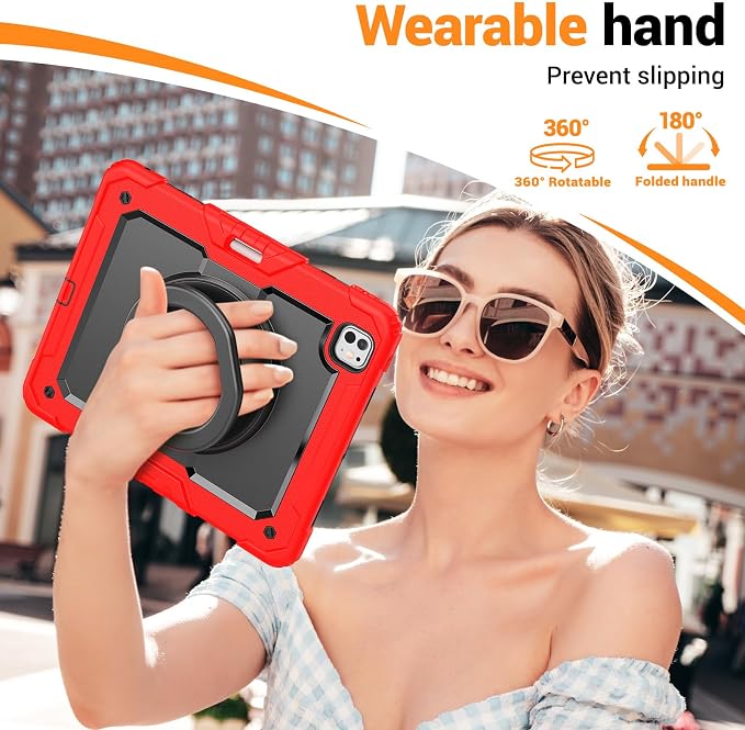 for iPad Pro 11 inch Protective Case M5 2025/M4 2024: Heavy Duty Shockproof Case with Pencil Holder - 360°Rotating Handle/Stand - Screen Protector - Shoulder Strap Black/Sky Blue