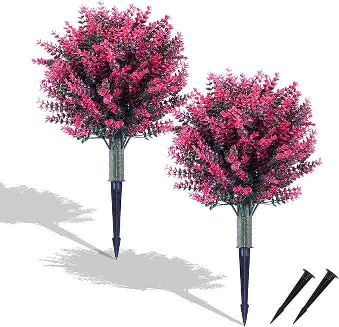 Artificial Pink Eucalyptus Topiary Ball, Set of 2-20" Artificial Shrub Bushes with Ground Spike, Artificial Plants for Outdoor Planters Indoor UV Resis