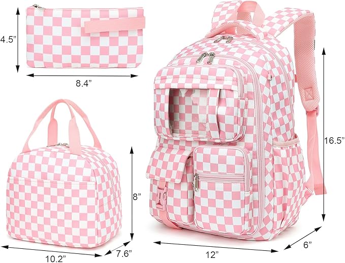 Girls School Backpack Set - Teens Kids School Bag Bookbag with Lunch Box Pencil Case for Elementary Middle School (Checkered Pink)