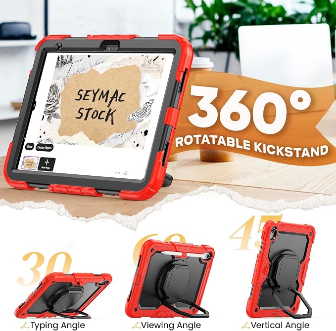 SEYMAC stock Handle Case for iPad (A16) 11th / 10th Gen 11'' /10.9'' Black | Full-Body Drop Protection Shockproof Case Pencil Holder Screen Protector 360 Ring Handle Stand 2025/2022 Released