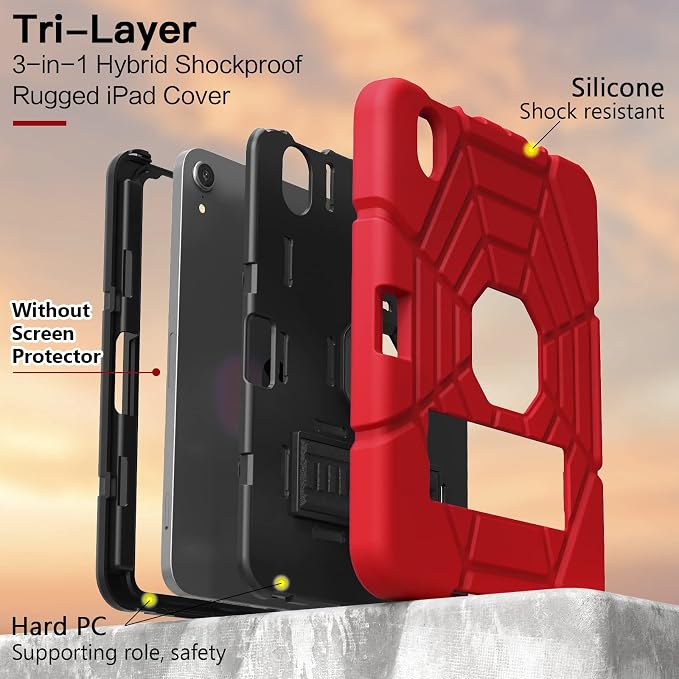Grifobes Case for iPad mini 7th 2024 (A17 Pro) / Mini 6th Generation 2021 8.3 Heavy Duty Shockproof Cover with Pencil Holder Stand for i Pad Mini 7/6 Gen 8.3 inch Case (Black+Red+Red)