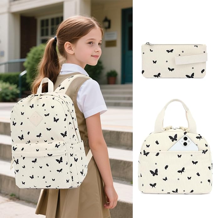 Corduroy Girls Backpack Set, 3PCS School Backpacks for Kids Elementary Middle School Bags with Lunch Box Pencil Case (Beige Corduroy Butterfly)