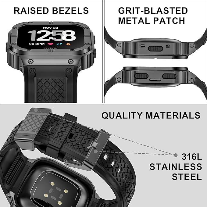 MioHHR Stainless Steel Case and Band Compatible with Fitbit Versa 4/3/2/Lite/Sense/Sense 2 Bands with Metal Case, Rugged Sports Protector Cover Silicone Wristbands for Men, Grey