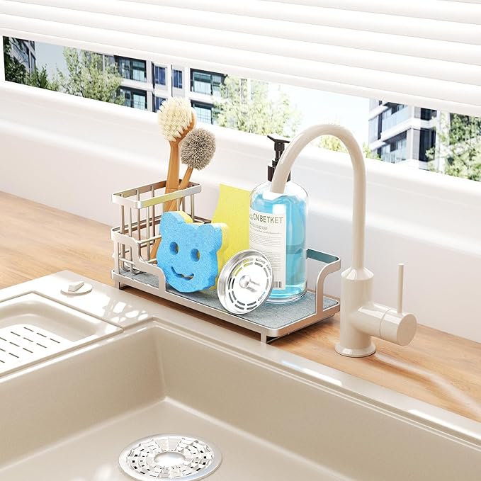 Consumest Sponge Holder for Kitchen Sink - Sink Caddy Organizer with Water Absorbing Stone Tray, Detachable Brush Holder, Stainless Steel Kitchen Counter Organizer Rack, Sand Nickel