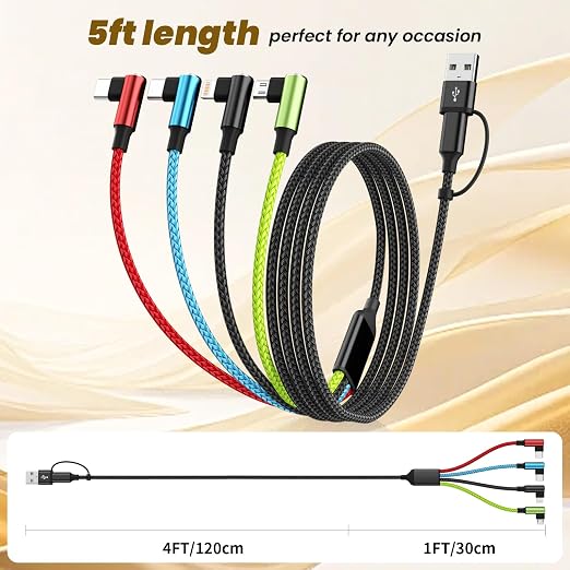 4 in 1 Multi Charging Cable 2 Pack 6FT Charging Cords for Devices | Nylon Braided USB C Car Charger Cable with Dual USB-C IP &amp Micro Ports Long Travel Charging Cord for Cars