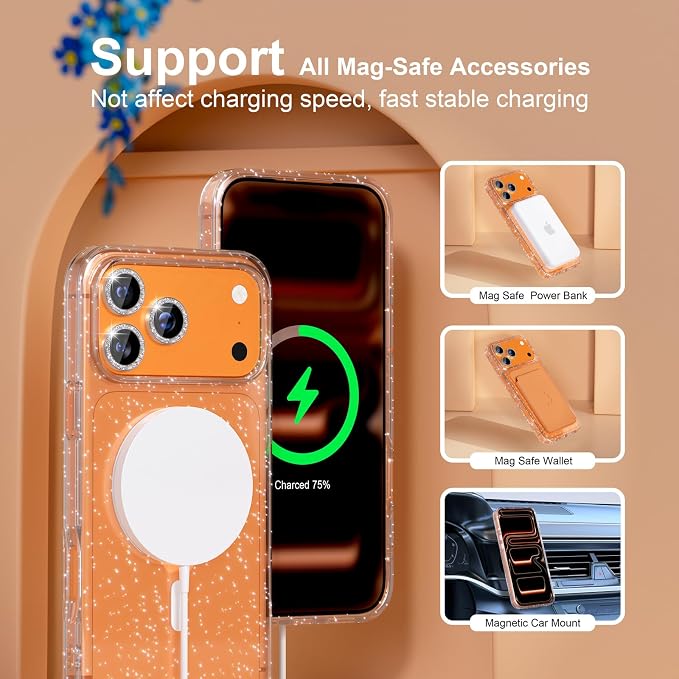 Choiche for iPhone 15 Pro Max Case Compatible with MagSafe Glitter Black | Women Girly Cute Glitter Sparkly Magnetic Phone Case with Diamond Camera Lens Protectors Military-Grade Drop Protection 6.7