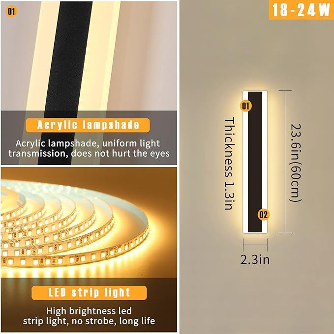 Modern 23.6inch Outdoor Wall Light, 3000k/4500k/6000k 3 Color Change Black Exterior Light Fixtures Wall Mount, Ip65 Waterproof Modern Porch Lights Non-Dimmable, Long Linear Outside Lighting Hard-Wired