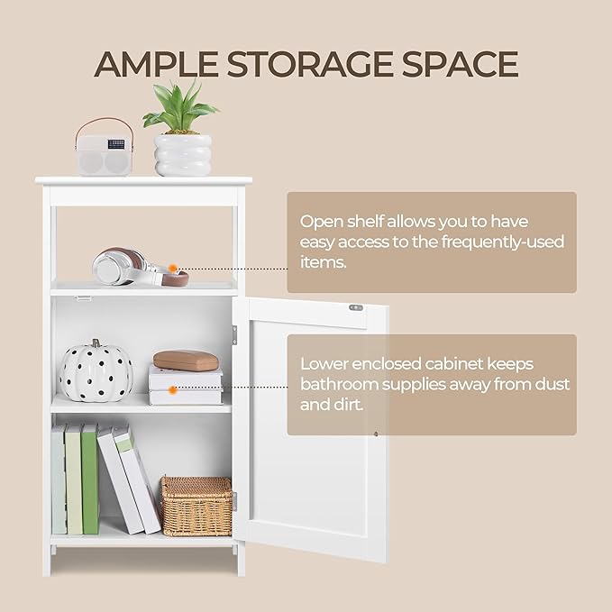 Yaheetech Single Door Floor Cabinet, Bathroom Free Standing Storage Organizer with Adjustable Shelf, Narrow Side Cabinet for Living Room, White