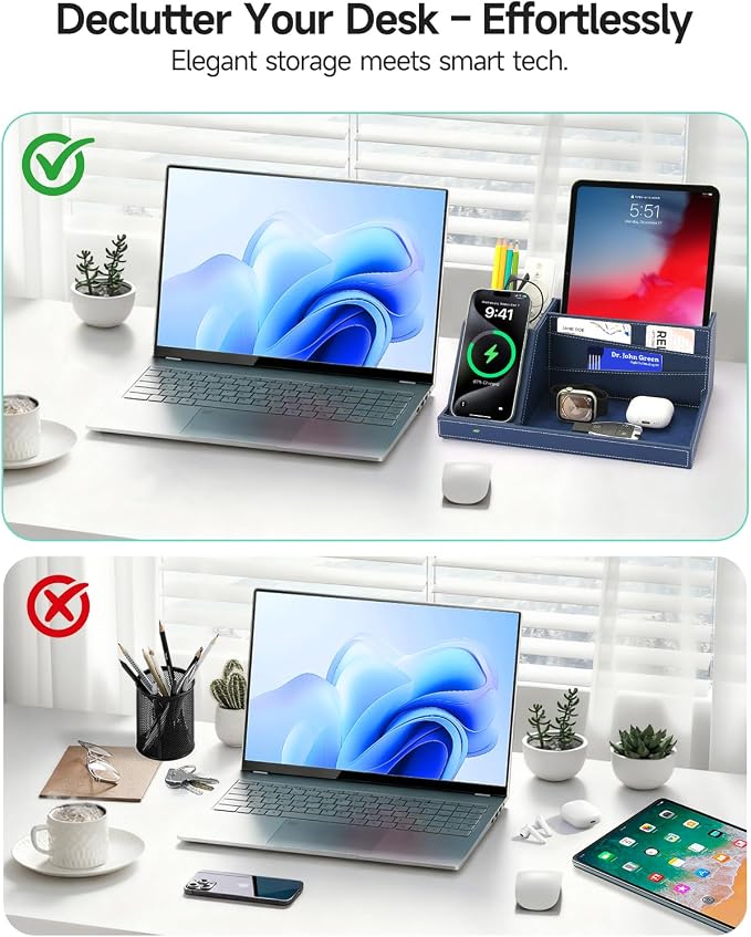 Fast Wireless Charging Station with Desk Organizer for iPhone 17/16/15/15 Pro/14/14 Pro Max/14 Pro/14 Plus/13/13 Pro Max/13 Pro/and iPhone 12/11 Series Nightstand Desktop Organizer for Home Office