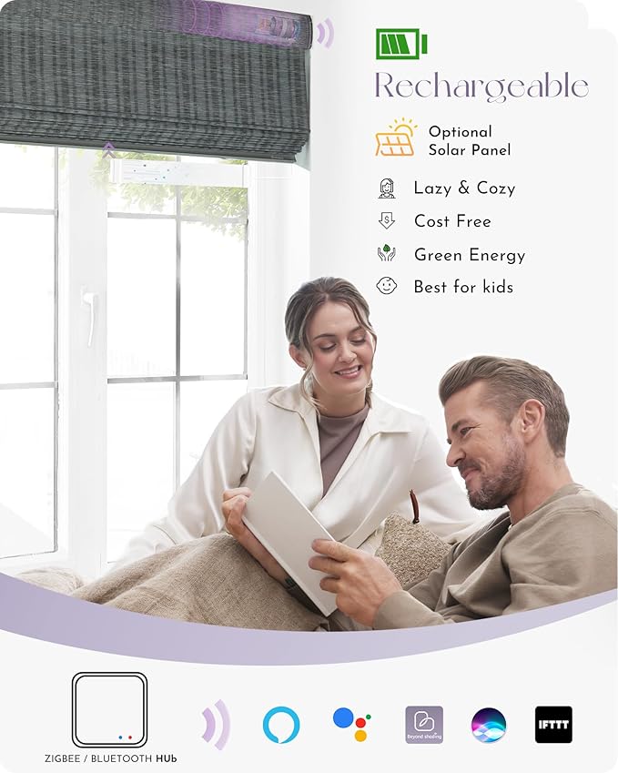 Graywind Smart Natural Roman Shades Compatible with Alexa Google Rechargeable Light Filtering Motorized Blinds with Remote Plain Fold for Doors Bedroom, Custom Size (Striped Charcoal)