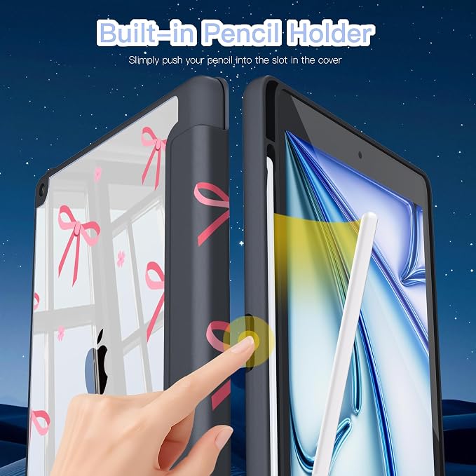 Teryeefi for iPad 10.2 case 2021 20202019 Release 7th 8th 9th Generation Built in Pencil Holder - Stand-Auto Wake/Sleep TPU &amp Hard Stand Clear Back Cover for 10.2 iPad (Black Bow)