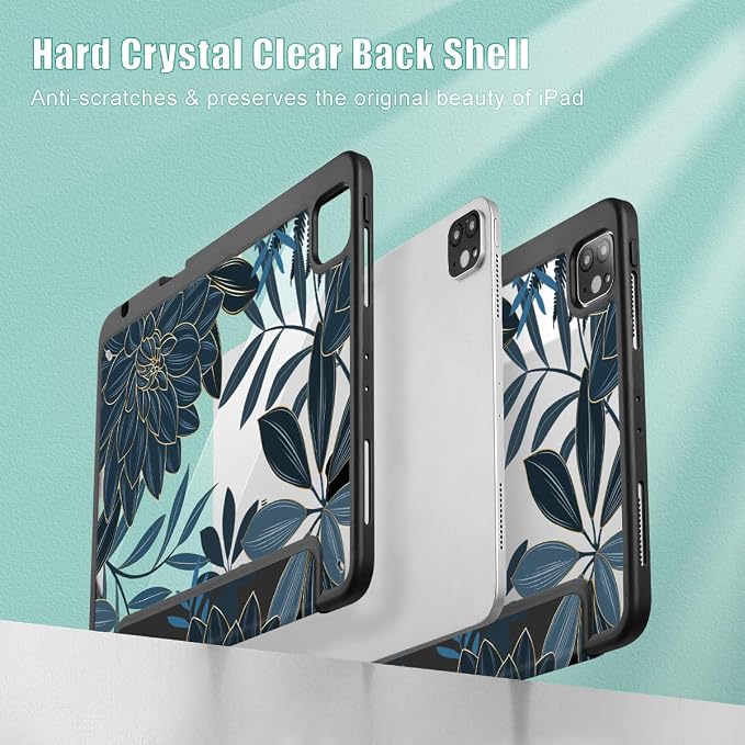 Tuiklol for iPad Pro 11 Inch 4th / 3rd / 2nd / 1st Gen (2022 2021 2020 2018) Case -Built-in Pencil Holder Shockproof Cover Clear Transparent Back Shell with Auto Wake/Sleep Black Flower