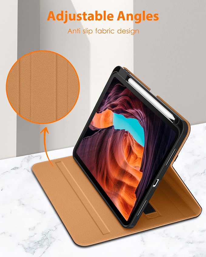 DTTO for iPad (A16) 11th Generation 11-inch &amp 10th Gen Case Brown | Premium Leather Business Cover with Pencil Holder Hand Strap &amp Pocket Corner Protection Auto Sleep/Wake for Work &amp