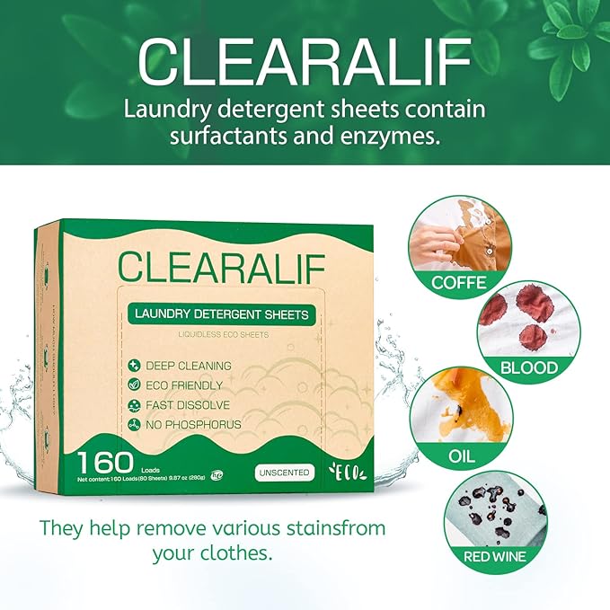 CLEARALIF Laundry Detergent Sheets up to 160 Loads (80sheets), Unscented, Laundry Detergent Strips Eco Friendly & Hypoallergenic