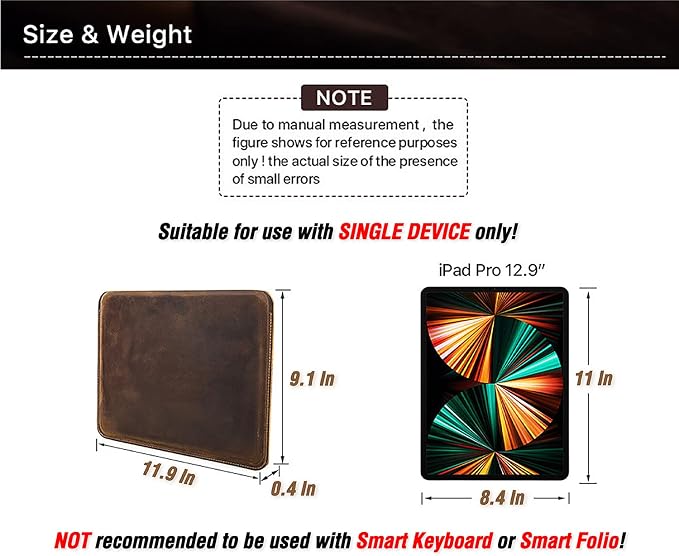 Top Grain Leather 12.9 Tablet Sleeve Slim Protector Vintage Design Fully Handmade Compatible with 12.9 iPad Pro 3/4/5/6 Gen Fits A2233 A2069 A2378 A2379 A2461 A2462 Coffee 12.9 Inch