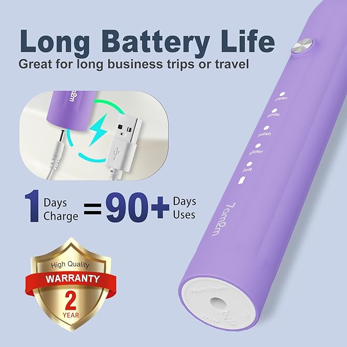 7AM2M Sonic Electric Toothbrush for Adults and Kids, with 8 Brush Heads and Travel Case,5 Modes with 2 Minutes Built in Smart Timer, One Charge Use for 90 Days, Rechargeable Toothbrushes (Purple)