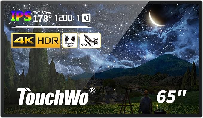 TouchWo 65-inch Interactive Touchscreen Monitor, Electronic Whiteboard Touch Screen with 4K Display, Smart Board for Home Office and Classroom, Bundled Android 12, RAM 4G & ROM 64G