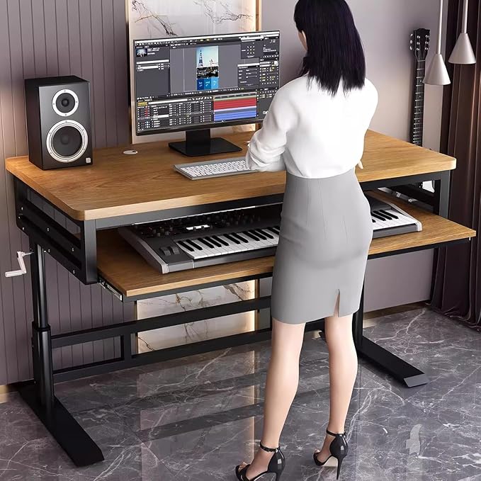 Studio Desk with Keyboard Tray | Hand-Crank Adjustable Standing Desk Workstation for Music Production, Cable Management, MIDI Keyboard Shelf (White, 70in)